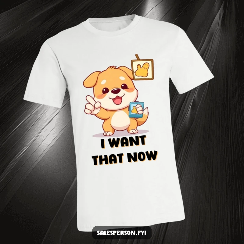 Funny Dog T-Shirt, a determined dog enthusiastically gesturing towards an item, showing clear preference.