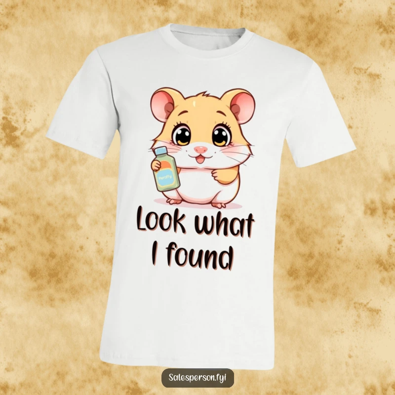 Funny t-shirt depicting a curious hamster with wide eyes demonstrating a product, embodying enthusiasm and a love for new items.