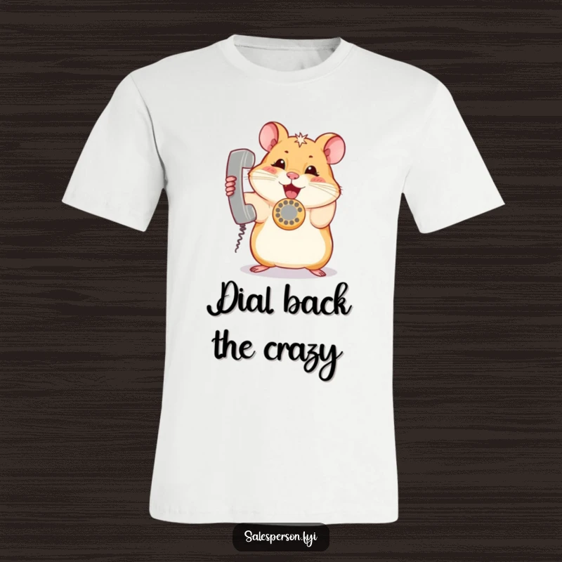 Funny hamster T-shirt showing a furry creature excitedly holding a ringing telephone, symbolizing connection and humor.