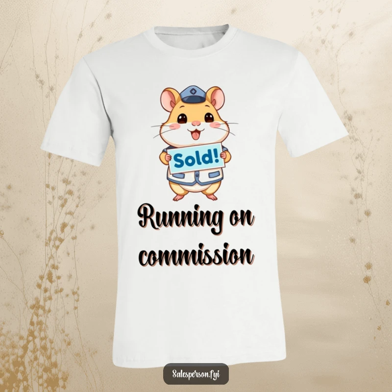 Funny t-shirt displaying an energetic hamster in a crisp uniform, proudly holding a 'Sold!' sign, ready for business.