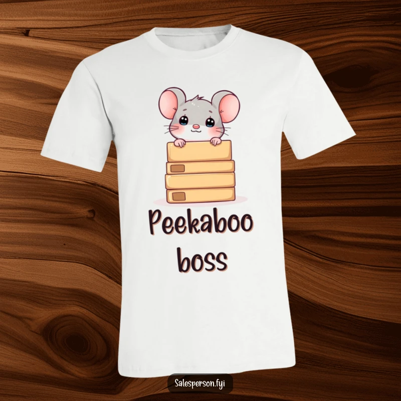 Funny t-shirt of a curious mouse peeking from behind boxes, representing exploration and hidden treasures.