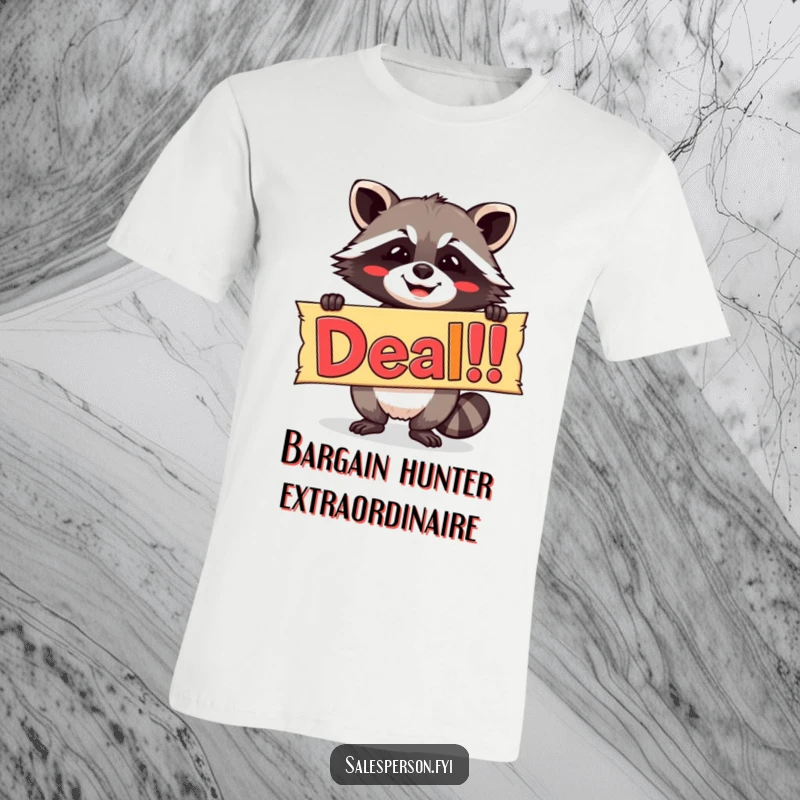 Funny t-shirt showcasing a beaming raccoon proudly holding a vibrant, colorful banner that clearly reads 'Deal!', expressing excitement.