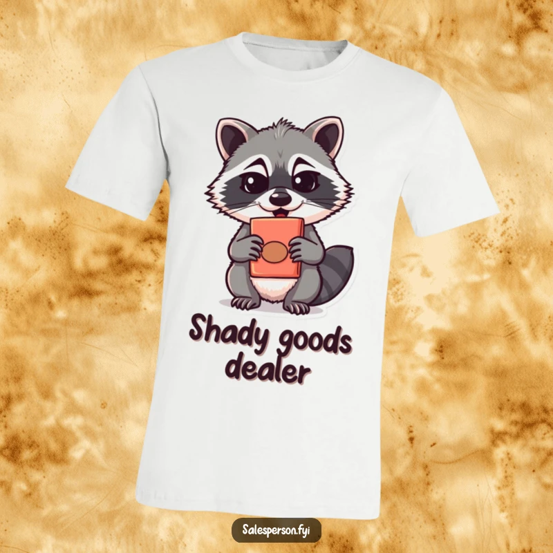 Funny raccoon with a sly expression offering a cleverly hidden product on a t-shirt, a funny gift.