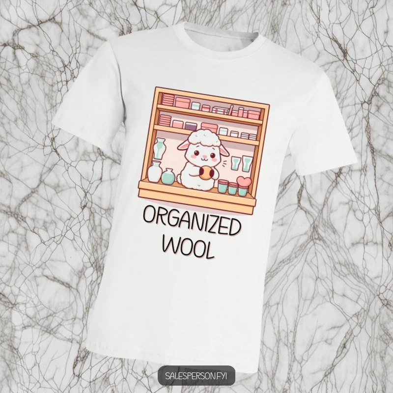Funny content sheep neatly arranging items on a shelf with a satisfied hum on a t-shirt, a funny gift.