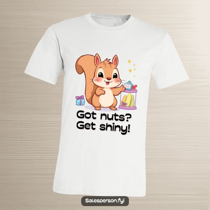 Funny squirrel T-shirt of a smiling rodent gesturing towards sparkling goods, representing acquisition and joy.