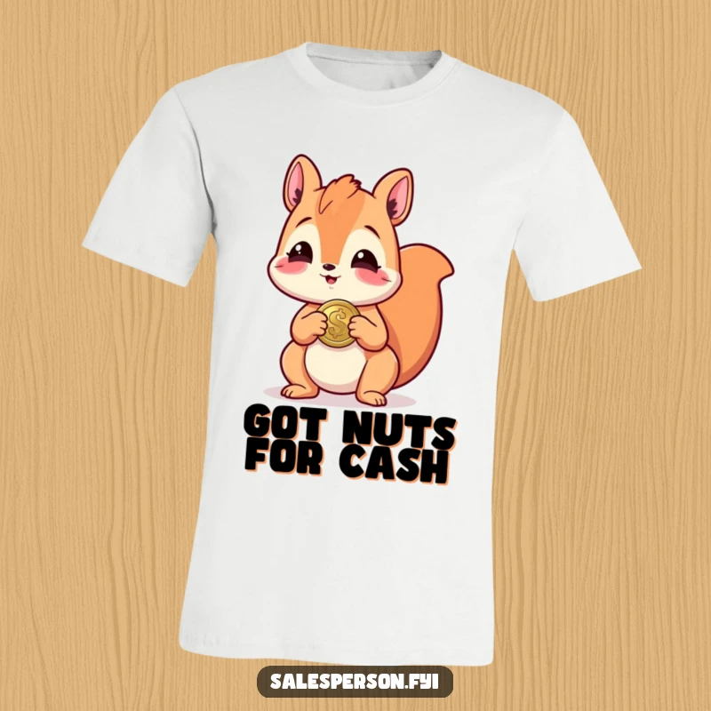 Funny t-shirt featuring a merry squirrel with a big grin, extending a shiny coin as a comical gesture of generosity.