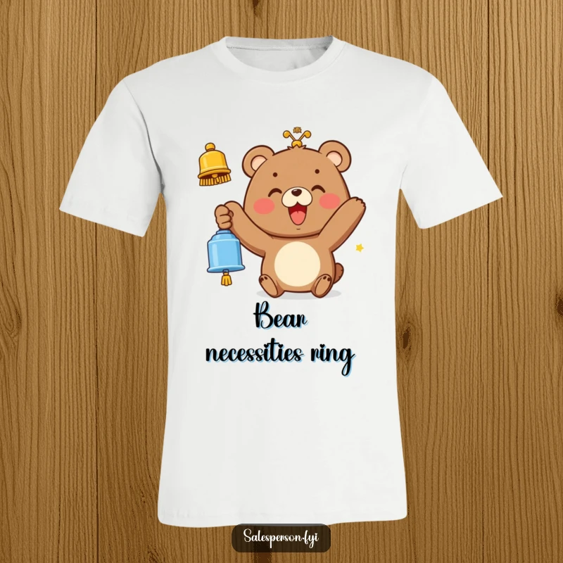 Funny T-shirt depicts a bear with a huge smile, ringing a bell joyfully, symbolizing happiness and good cheer.