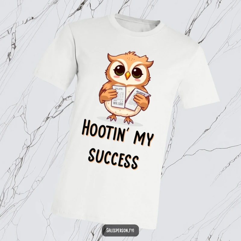 Funny owl T-shirt of a proud bird balancing a stack of sales receipts, symbolizing fiscal responsibility.