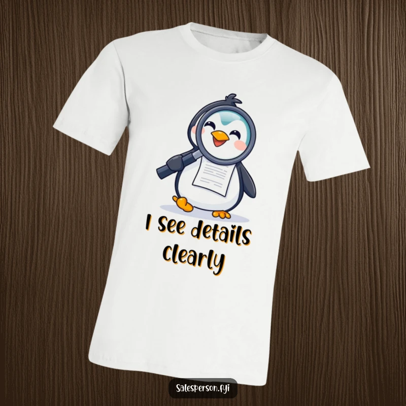 Funny t-shirt depicting a joyful penguin closely examining a document with a giant magnifying glass, embodying curiosity and investigative humor.
