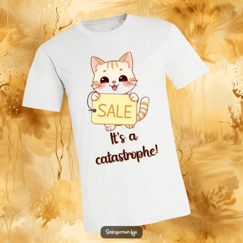 Funny cat t-shirt with a happy face holding a price tag displaying a big SALE sign.
