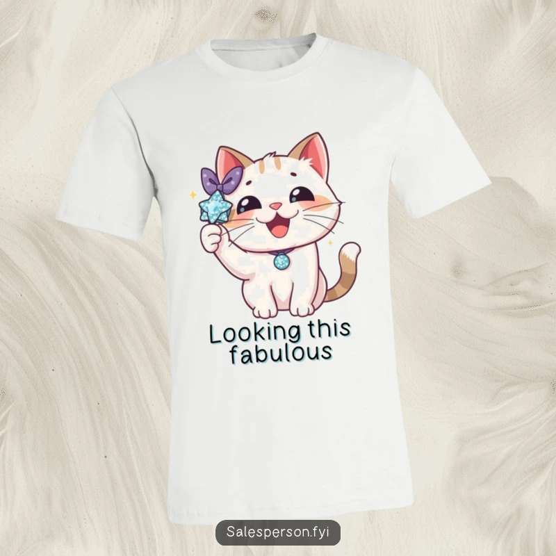 Funny cat t-shirt showing a delighted cat proudly presenting a glittering accessory with an elegant flourish. Fashionable and eye-catching apparel.