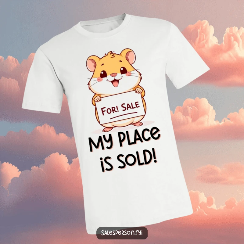 Funny Hamster For Sale T-Shirt: Cheerful hamster with a big smile holding a 'For Sale' sign, perfect for gifts.