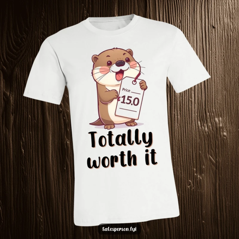 Funny otter t-shirt graphic, showing a bubbly otter gesturing with a massive price tag, great for shoppers to laugh.