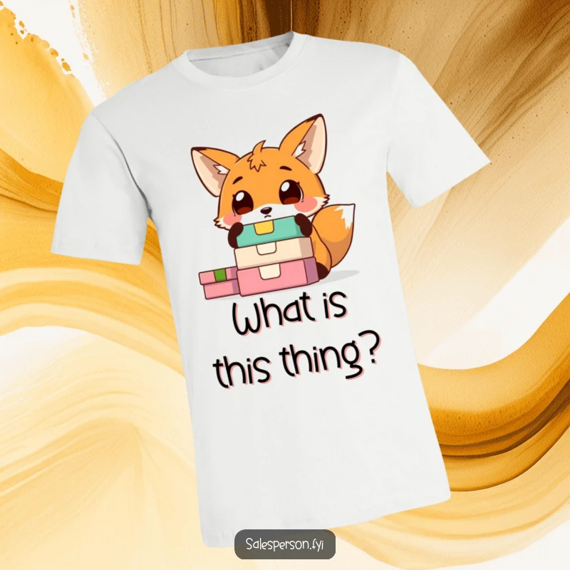 Funny fox t-shirt with a surprised fox staring wide-eyed at a stack of vibrant, colorful boxes. Expresses wonder and excitement.