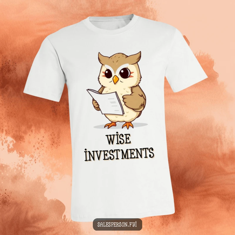 Funny wise owl holding a ledger and nodding, conveying financial savvy on a t-shirt, a funny gift.