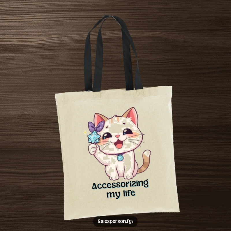 Funny cat tote bag with a delighted cat proudly showing off a sparkly accessory with a flourish. A chic and glamorous carry-all.