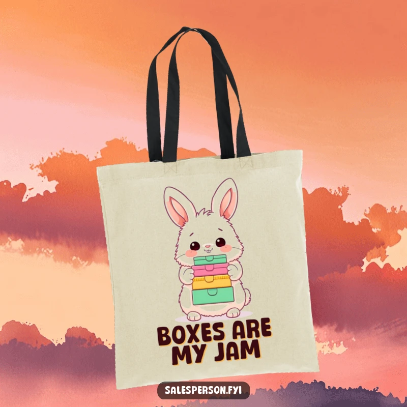 Funny Bunny Tote Bag: Cute fluffy bunny with a happy nod, enthusiastically showing off a colorful pile of boxes, great for shopping.