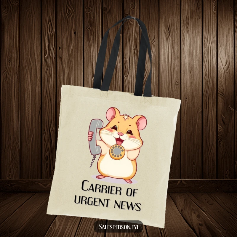 Funny hamster tote bag featuring a curious rodent enthusiastically holding a ringing telephone, perfect for everyday use.