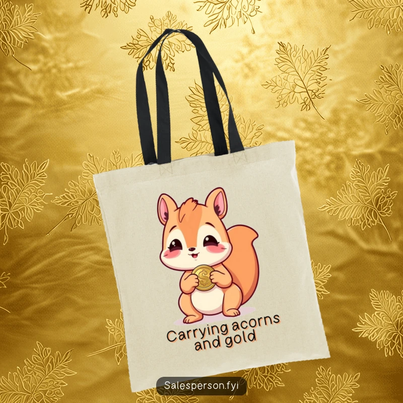 Funny tote bag showcasing a laughing squirrel presenting a gleaming coin, perfect for carrying daily items with a humorous flair.