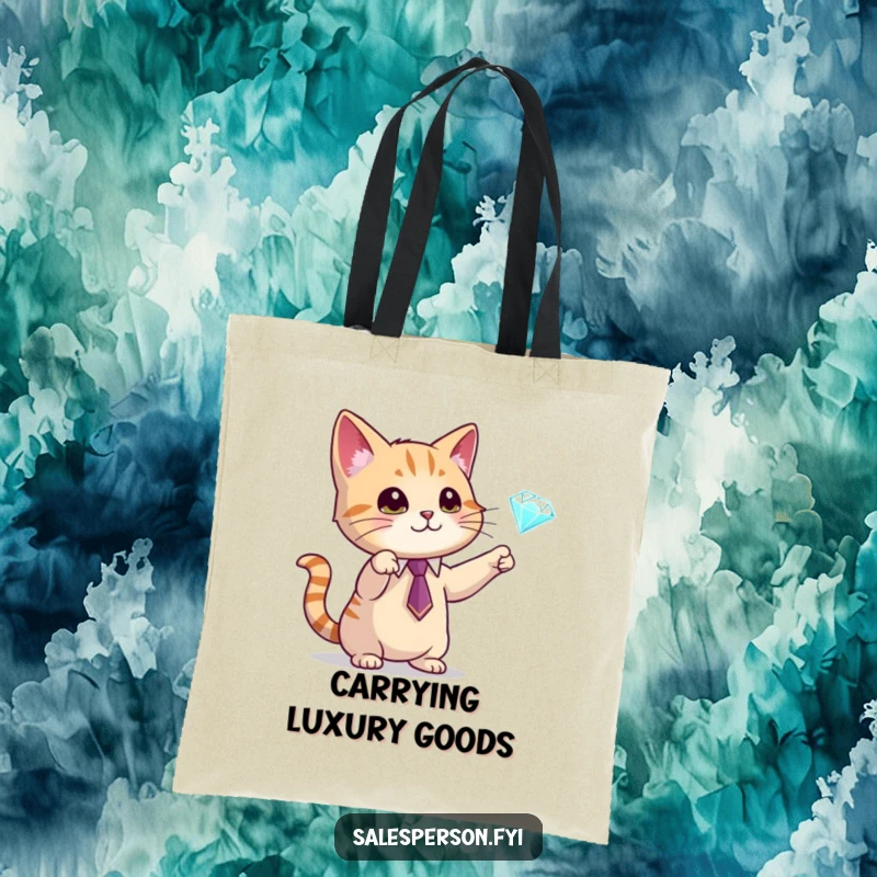 Funny tote bag featuring a cat in a tie gesturing towards a diamond, great for shopping and everyday use, a funny gift.
