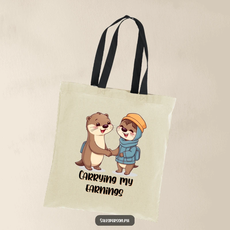 Funny Tote Bag depicting a smiling otter shaking hands with a delighted customer, perfect for carrying items with a touch of business charm.