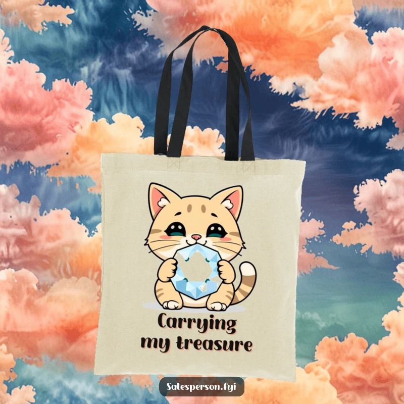 Funny cat gem tote bag with a cheerful cat holding a giant sparkly gem, perfect for carrying essentials in style.