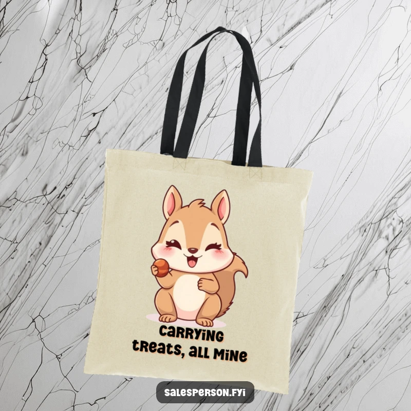 Funny tote bag featuring a delighted squirrel offering a tiny, tempting treat with a wink, perfect for carrying essentials with charm.