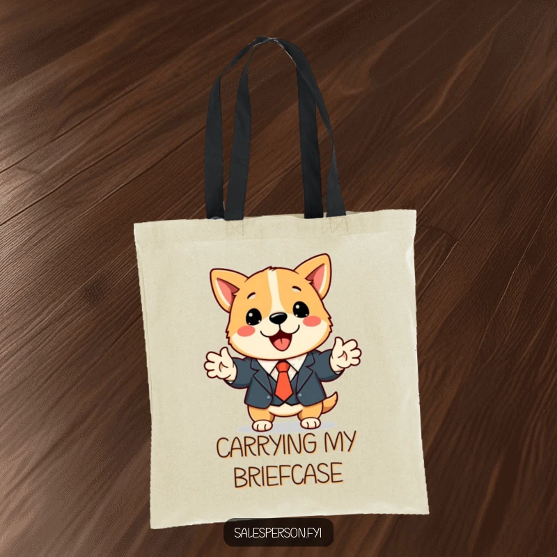 Funny dog business tote bag with a cute dog in a suit shaking hands, ideal for carrying work essentials.