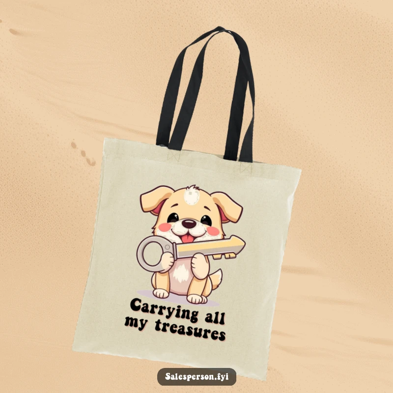 Funny Dog Tote Bag: A beaming dog enthusiastically displays a shiny house key, perfect for carrying new home essentials.