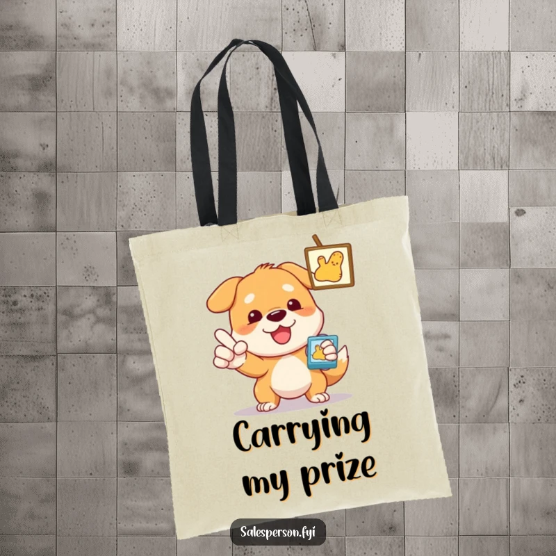 Funny Dog Tote Bag, a dog enthusiastically pointing at an item, great for carrying items with humor.