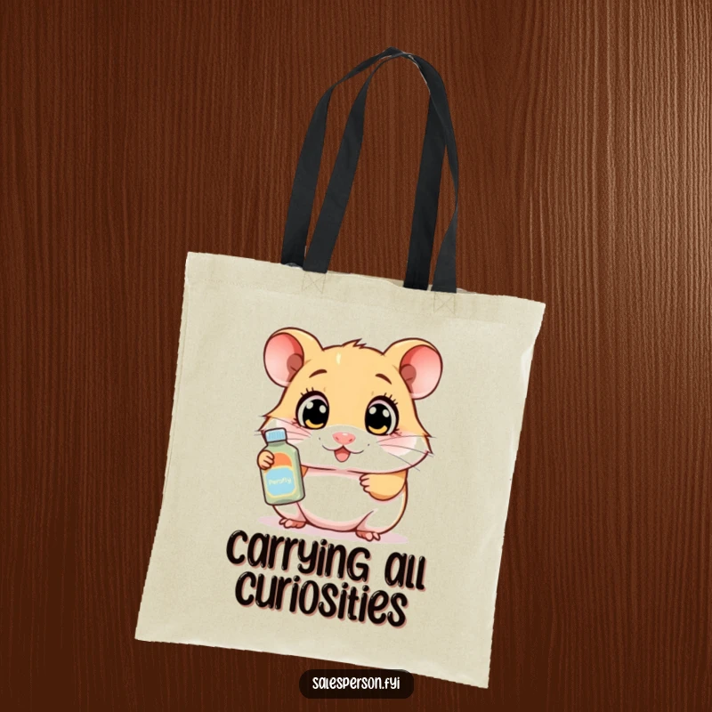 Funny tote bag with a curious hamster demonstrating a product with wide eyes, perfect for carrying essentials with enthusiastic humor.