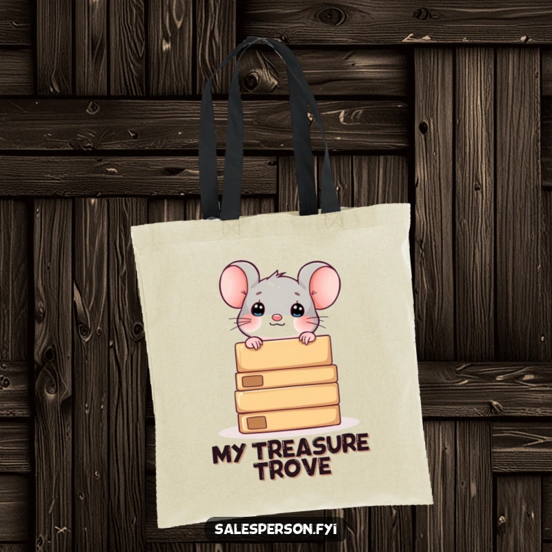 Funny tote bag with a curious mouse peeking from behind boxes, perfect for carrying essentials with charm.