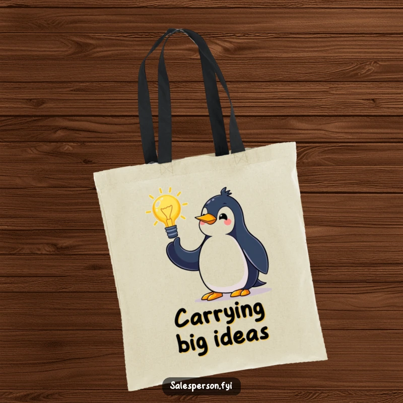 Funny penguin tote bag featuring a jovial bird making grand gestures while pitching an idea, ideal for carrying items.