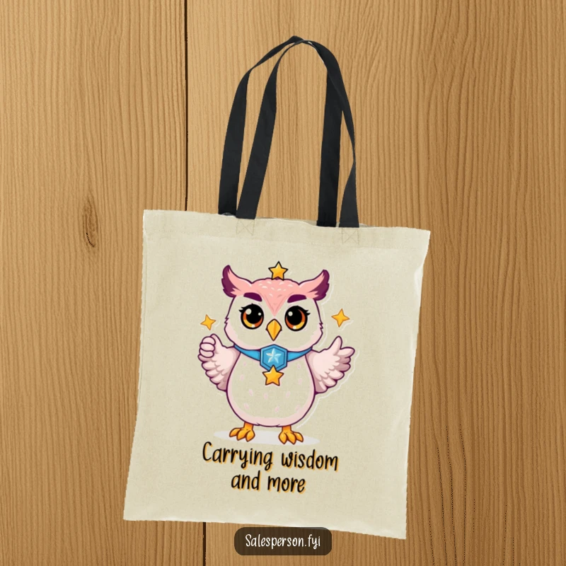 Funny tote bag with a proud owl, complete with a badge, pointing towards a bright golden star for recognition.
