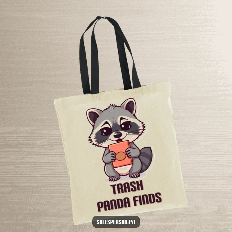 Funny, sly raccoon offering a unique item on a tote bag, perfect for carrying treasures, a funny gift.