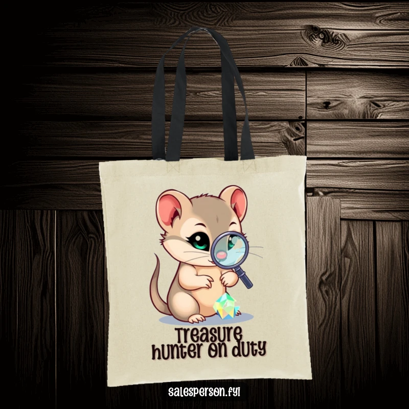 Funny tote bag with a sly weasel and magnifying glass examining a sparkling gem, perfect for carrying essentials with a hint of mystery.