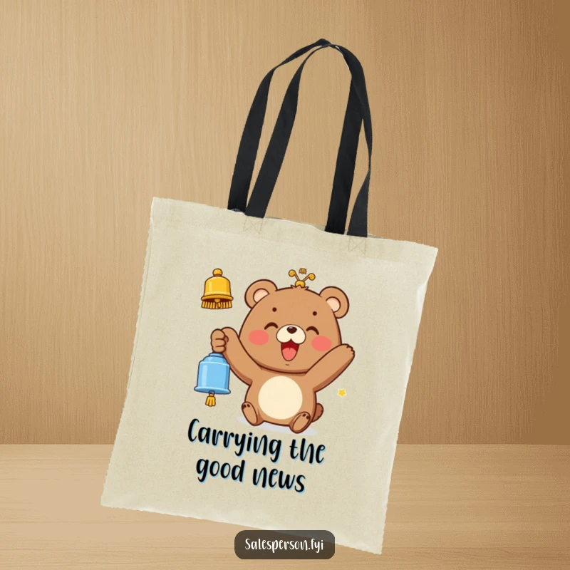 Funny tote bag with a happy bear ringing a bell with a wide smile, perfect for carrying essentials with joy.