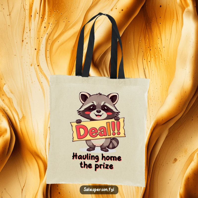Funny tote bag with a beaming raccoon holding a colorful 'Deal!' banner, great for carrying essentials and expressing bargain enthusiasm.