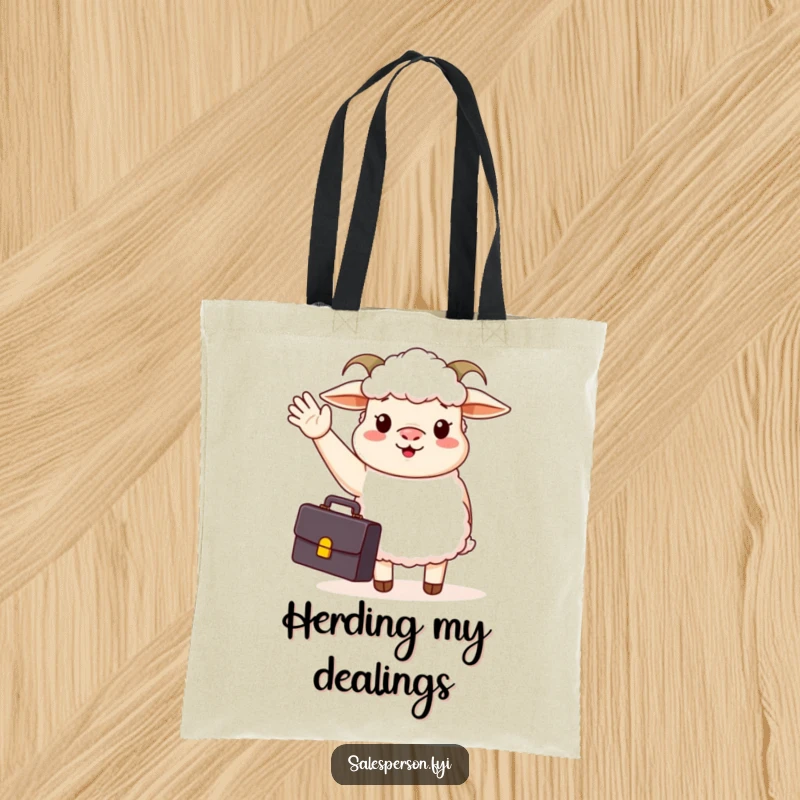 Funny tote bag with a sheep in a suit, briefcase in hand, waving hello energetically, perfect for daily commutes.