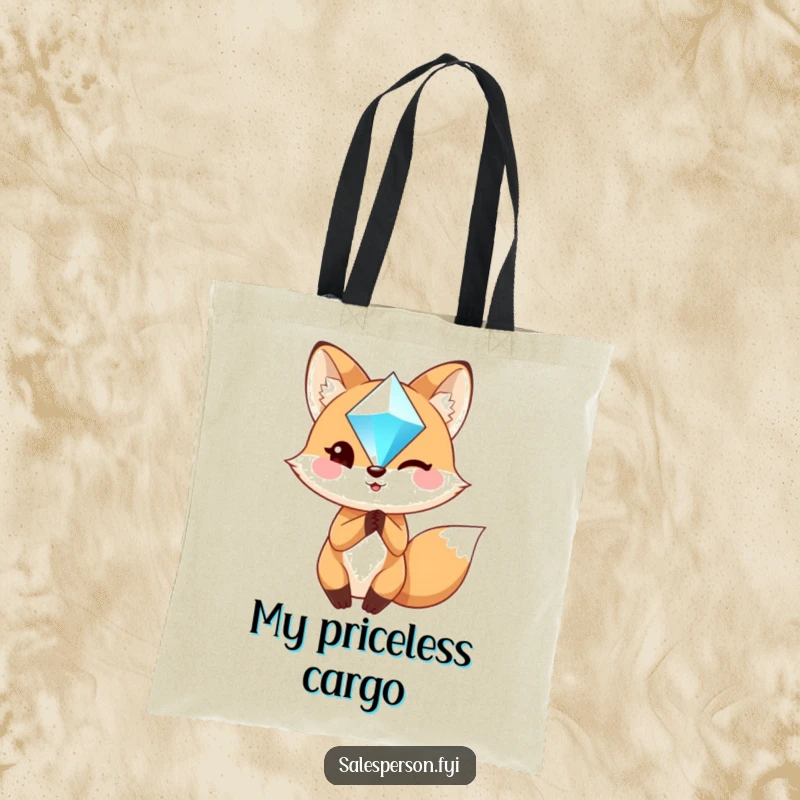 Funny Fox Tote Bag: Charming fox winks while holding a sparkling gem, a stylish and witty accessory.