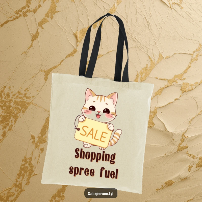Funny tote bag with a happy cat holding a price tag that clearly says SALE.