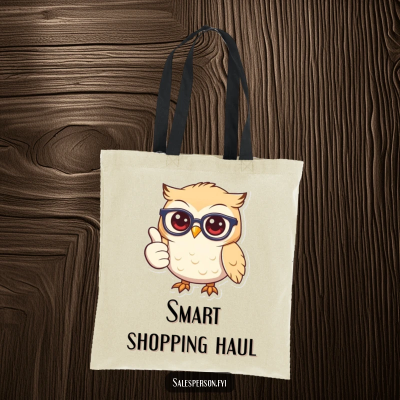 A stylish tote bag adorned with a smiling owl wearing glasses and giving a positive thumbs up.