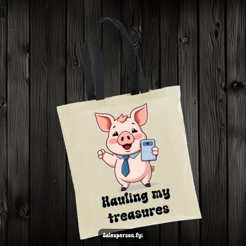 Funny tote bag with a pig in a tie, happily presenting a shiny gadget, perfect for carrying tech accessories.